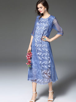 Brief Feather Half Sleeve Patch Long Dress