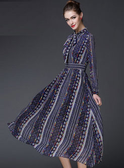 Vintage Long Sleeve Stripe Patch Maxi Dress