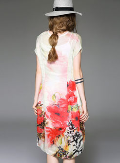 Vintage Silk Flower Print Loose Dress