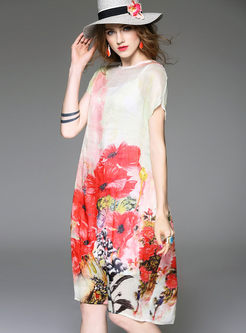 Vintage Silk Flower Print Loose Dress