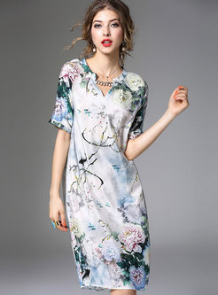 Vintage Floral Print Bead Loose Silk Dress