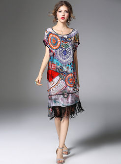 Ethnic Multicolor Print Tassel Patch Loose Dress