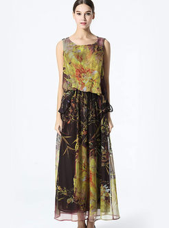 Vintage Silk Irregular Patch Floral Print Slim Beach Dress