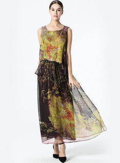 Vintage Silk Irregular Patch Floral Print Slim Beach Dress