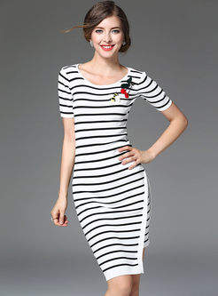 Classic Stripe Hit Color Side Slit Skinny T-Shirt Dress