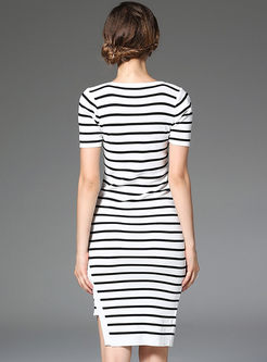 Classic Stripe Hit Color Side Slit Skinny T-Shirt Dress