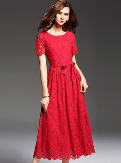 Brief Pure Color Hollow Lace Patch Tight Waist Maxi Dress