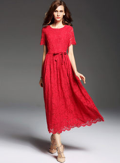 Brief Pure Color Hollow Lace Patch Tight Waist Maxi Dress