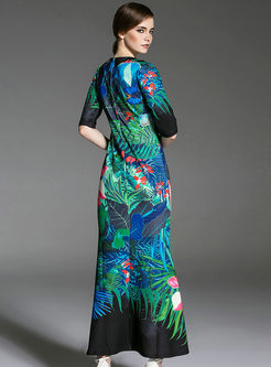 Ethnic Floral Print Sheath V-Neck Maxi Dress