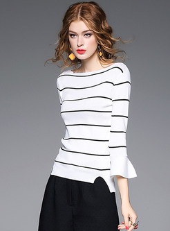 Flare Sleeve Stripe Patch Pullover T-Shirt
