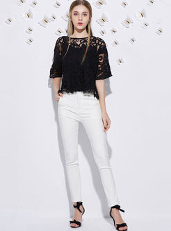 Black Hollow Lace Patch Bat Sleeve Pullover T-shirt