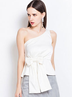 Stylish White One Shoulder Bowknot Patch Slim Top