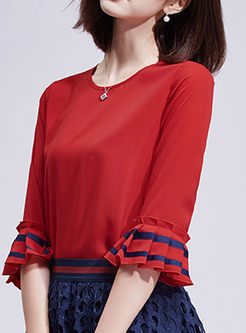 Red Chiffon Hit Color Falbala Sleeve Loose T-shirt