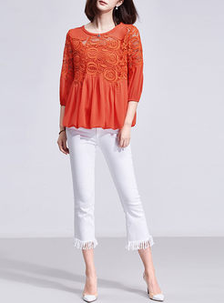 Chic Solid Color Lace Hollow Patch Lantern Sleeve T-shirt