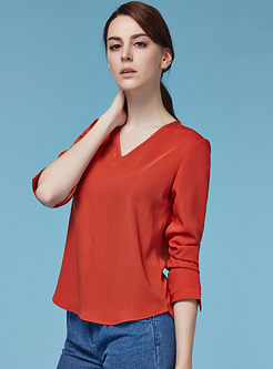 Brief Red Chiffon V-neck Loose Pullover T-shirt