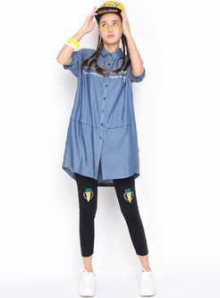Loose Letter Embroidery Lapel Single-Breasted Denim Blouse