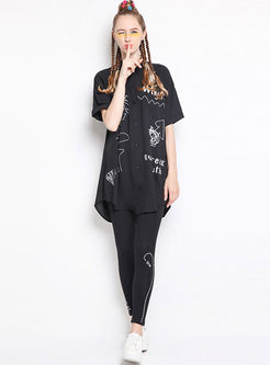 Chic Letter Print Lapel Single-Breasted Chiffon Long Blouse