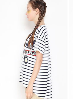 Casual Hit Color Stripe Embroidery Loose T-shirt