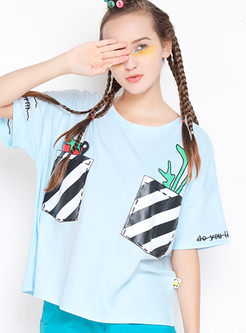 Loose Casual Letter Embroidery Pocket Patch T-shirt
