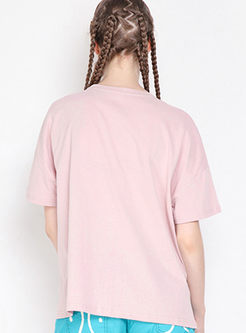 Pink Loose Asymmetric Hem Pocket Patch T-shirt
