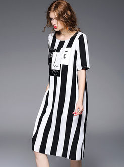 Chic Vertical Striped Patch Side Slit T-shirt Dress