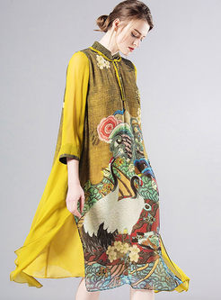 Vintage Linen Patch Print Loose Maxi Dress