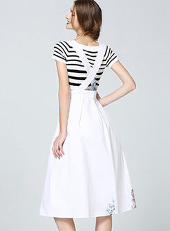 Summer Fashion Print White Suspender skirt