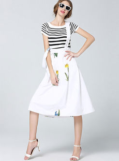 Summer Fashion Print White Suspender skirt