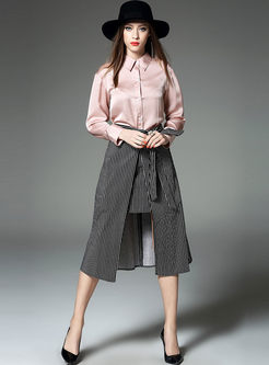 Color Block Bowknot Split Lapel Skirt