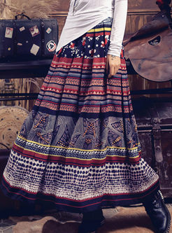 Ethnic Floral Print Big Hem Bohemian Maxi Skirt