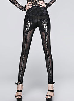 Chic See Through Look Flower Embroidery Leggings