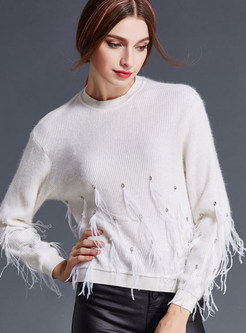 Fashion Pure Bead Loose O-Neck Sweater
