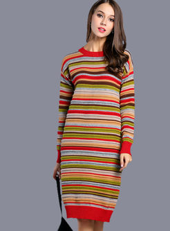 Plain Stripe Round Neck Knitted Dress