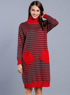 Plain Stripe High Neck Knitted Dress