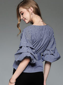 Stylish Grid Print Flare Sleeve Bowknot Patch Blouse