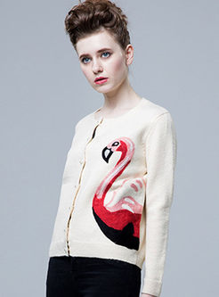 Chic Swan Print Zip-Up Knitted Sweater
