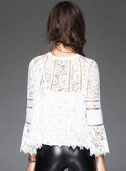 Slim White Lace Hollow Flare Sleeve Top