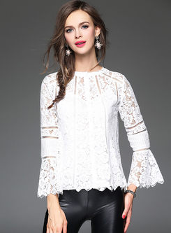 Slim White Lace Hollow Flare Sleeve Top
