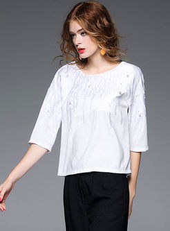 Fashion Embroidered Three Quarter Sleeve T-Shirt