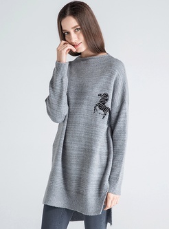 Slash Neck Striped Side Slit Sweater