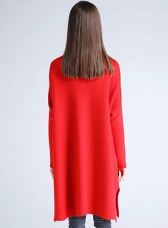 Solid High Collar Side Slit Asymmetric Knit Sweater