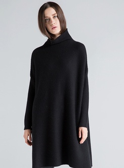 Solid High Collar Side Slit Asymmetric Knit Sweater