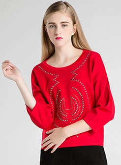 Sequined Three Quarter Sleeve Pullover Sweater