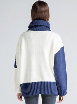 Letter Number High Collar Asymmetric Pullover Sweater