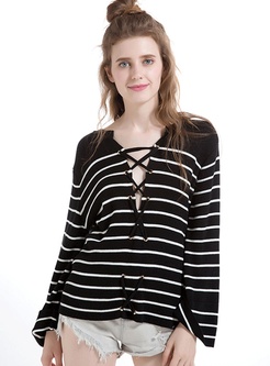 Striped Asymmetric Causal V-Neck Knit Sweater