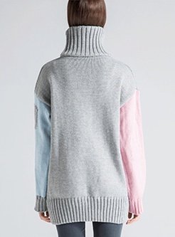High Collar Number Patchwork Brief Sweater
