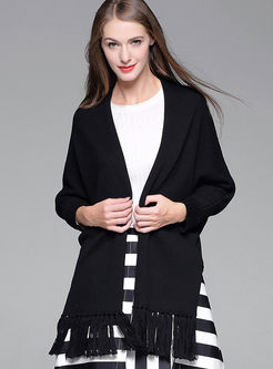 Black Cardigan Tassel Knit Coat