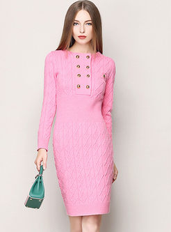 Knit Striped Solid Buttons Dress