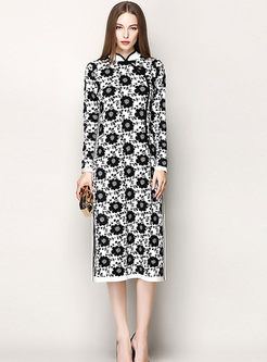 Stand Collar Floral Buttons Cheongsam Style Knit Dress