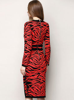 V-Neck Leopard Patchwork Front Slit Knit Dress